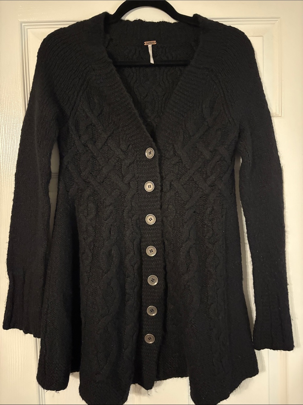 Free People Black Cable-Knit Button Cardigan